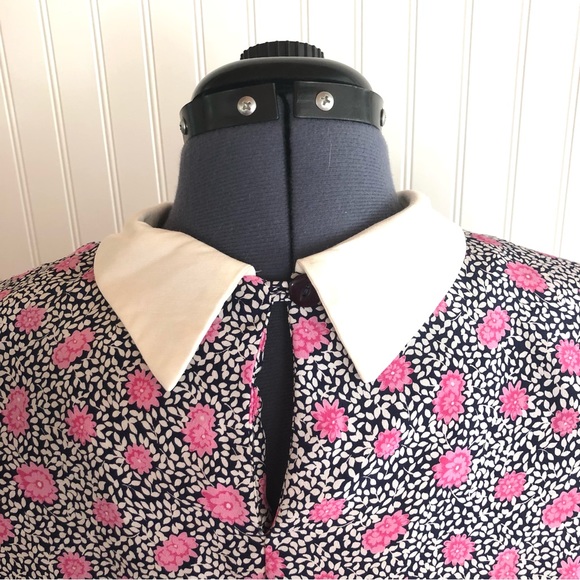 Vintage Pink Rose Patterned Silky Blouse Tunic White Peter Pan Collar Abstract - Picture 3 of 13